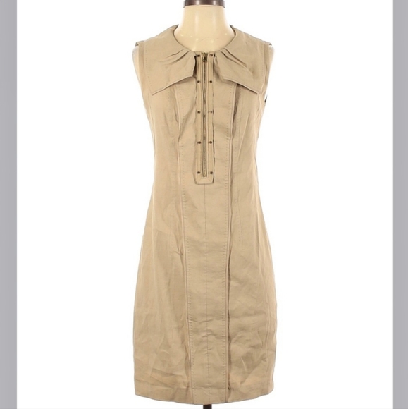 🅴 Elie Tahari Linen Khaki Sleeveless Sheath Dress, Front Gold Zipper & Studs - Picture 3 of 9